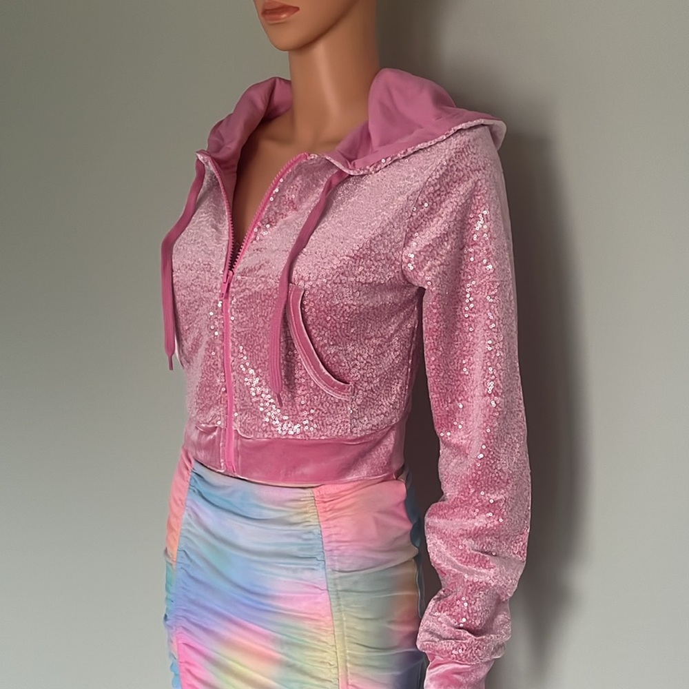 ‼️NWT‼️Dolls Kill X Sugar Thrillz Blushing Wonderland Sequin Hoodie Pink Small - Picture 5 of 7